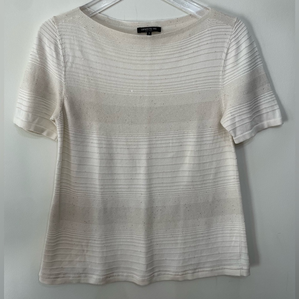 Lafayette 148 New York Silk Blend Short Sleeve Sweater Top Striped Sparkle Sz S